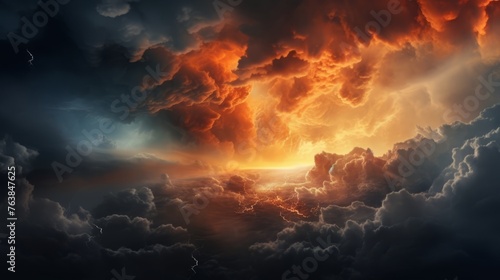 dramatic huge clouds of thunderstorm on sky with sunset