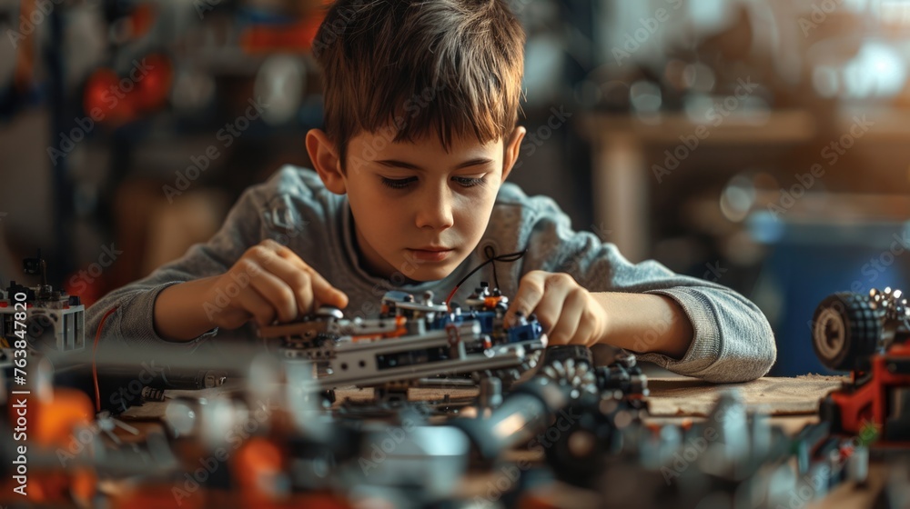 Concentrated teen child constructing robot at class. Education technology concept. Concentrated teen child constructing robot at class. Education technology concept.