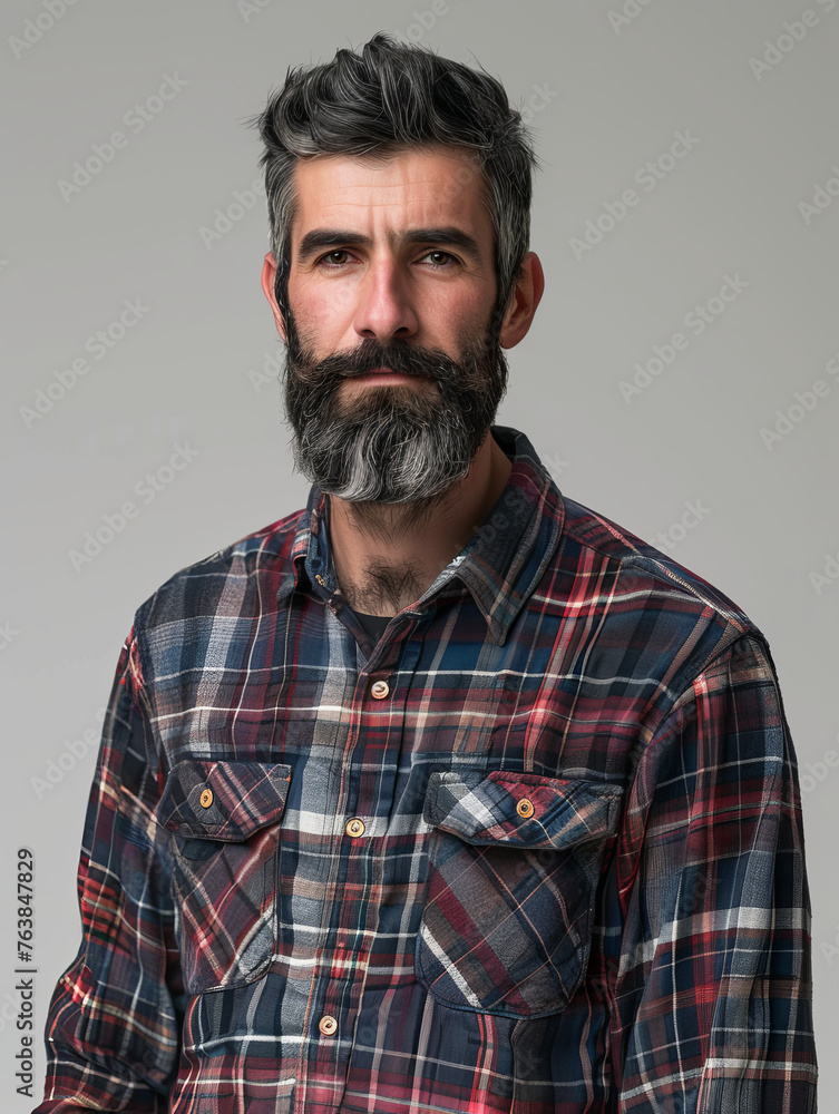 Obraz premium Image captures a stern-looking man with beard, wearing a plaid shirt against a plain background