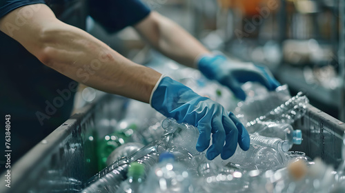 The hands of the employee in gloves are close-up. On the conveyor for recycling and sorting garbage from plastic bottles, glasses of different sizes, garbage sorting and recycling concept photo