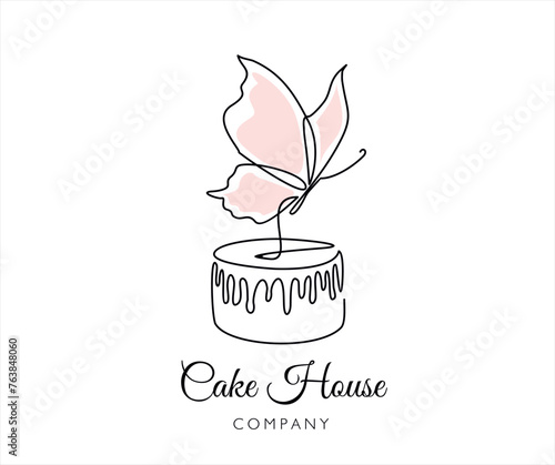 One line cupcake logo with butterfly. Isolated objects