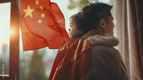 Chinese Family Proudly Waving Smiling Flags of China photo