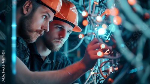 electrician and engineer work on an electrical circuit with many cables for communication and data transfer © Wolfilser