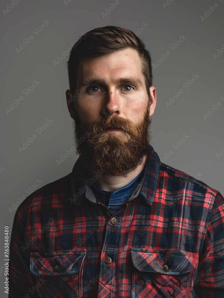 Fototapeta premium Portrait of a bearded man with a contemplative gaze, wearing a checkered shirt against neutral backdrop