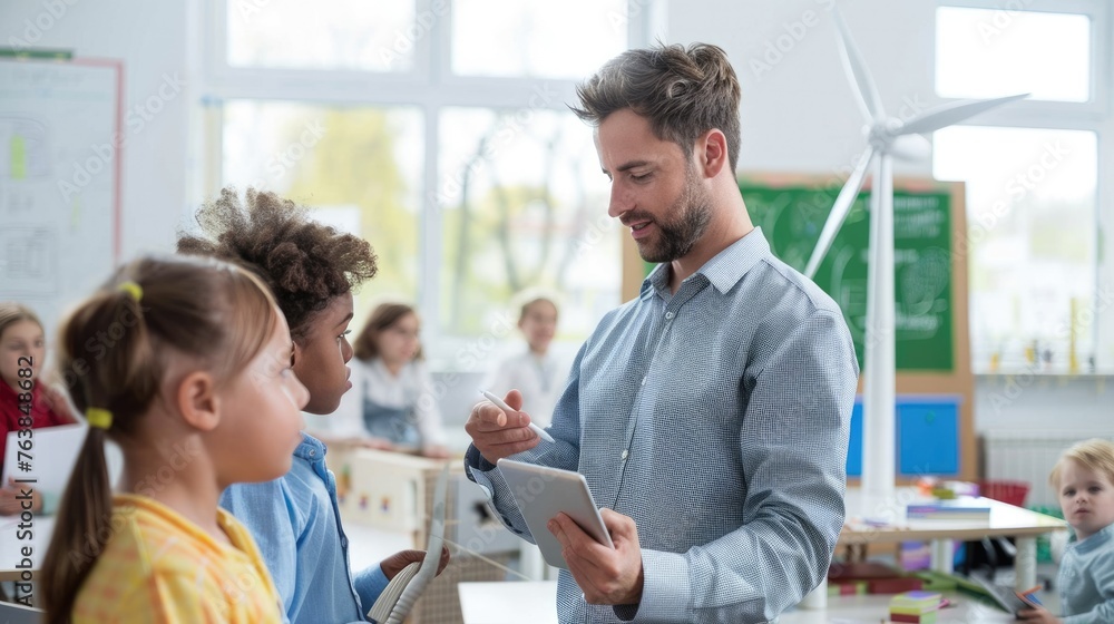 Teacher holding tablet computer explains to young children how wind turbines work in classroom. Kids Learning about eco-friendly forms of renewable energy. Teacher holding tablet computer explains to young children how wind turbines work in classroom. Kids Learning about eco-friendly forms of renewable energy.