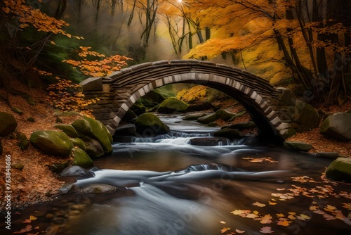 A small stone bridge gracefully arching over a babbling creek, framed by fall foliage in a calm woodland environment. 