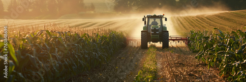 A farmer harvests green maize from a large field with a tractor photo