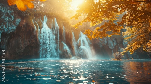 Amazing view of the Plitvice Lakes National Park with blue water and bright beams of sunlight. a strikingly odd scene. realm of beauty. vintage appearance and retro filter.