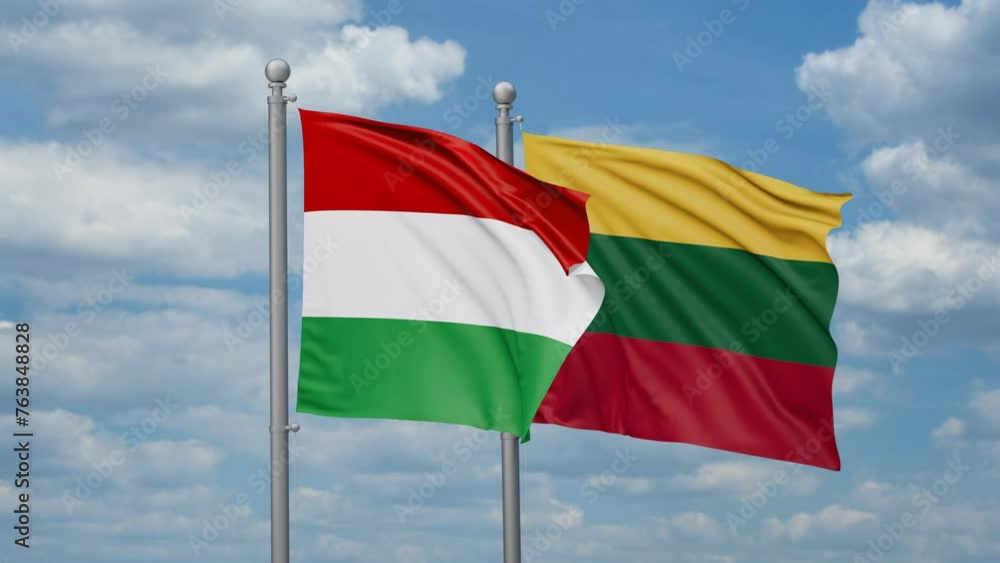 Lithuania and Hungary two flags waving together, looped video, two country relations concept Lithuania and Hungary two flags waving together, looped video, two country relations concept