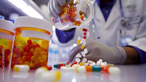 pharmacist filling medication bottle with colorful pills photo