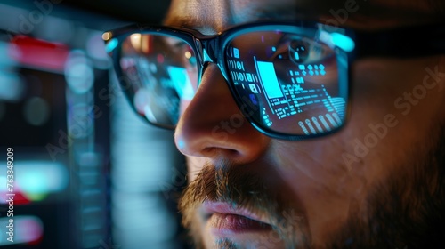 Data from a computer network is reflected in the glasses of a criminal hacker © Wolfilser