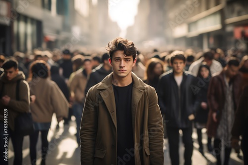 Young man stands in the middle of crowded street. A young man stands tall in the midst of the vibrant city life.