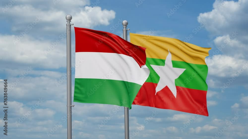 Myanmar aka Burma and Hungary two flags waving together, looped video, two country relations concept Myanmar aka Burma and Hungary two flags waving together, looped video, two country relations concept
