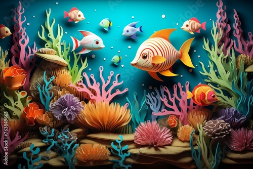Colorful under sea animals from paper cutout effect