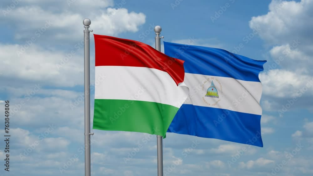 Nicaragua and Hungary two flags waving together, looped video, two country relations concept Nicaragua and Hungary two flags waving together, looped video, two country relations concept