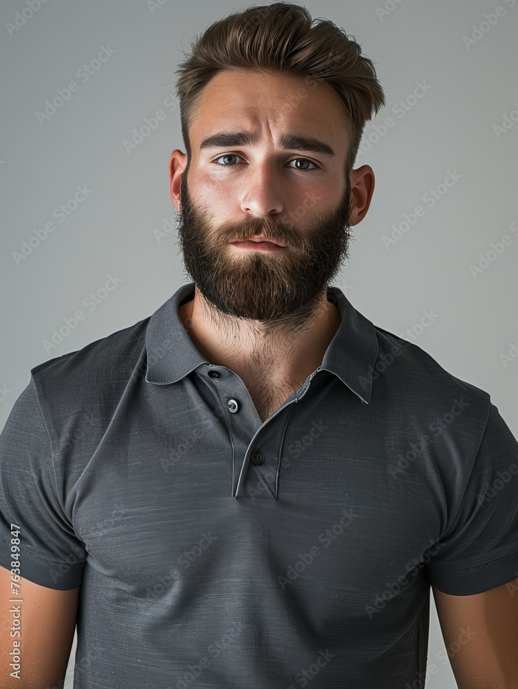 A portrait of a young man with a beard and serious expression against a gray background A portrait of a young man with a beard and serious expression against a gray background