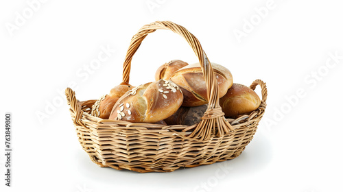 Wicker basket with fresh bread on white background