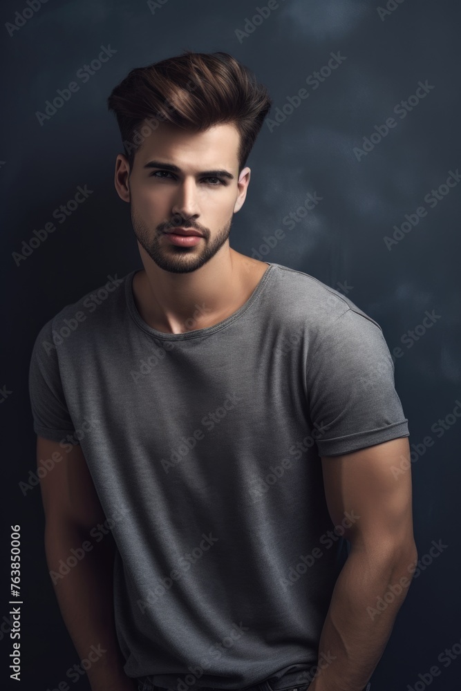 shot of a handsome young man posing against a grey wall