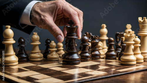 Real Photo photo stock business theme as Strategic Planning concept as A close-up of hands placing chess pieces on a board symbolizing business strategy
