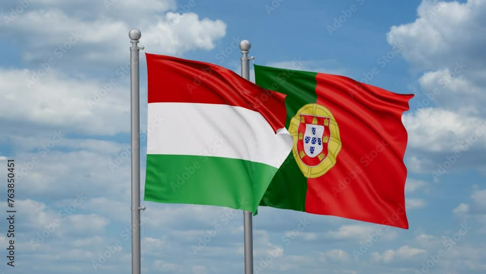 Portugal and Hungary two flags waving together, looped video, two country cooperation concept Portugal and Hungary two flags waving together, looped video, two country cooperation concept