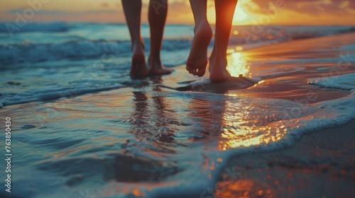 female feet walk along the sand on the seashore