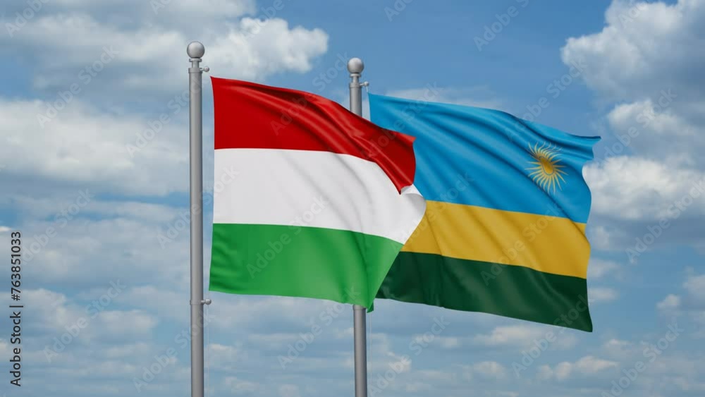 Republic of Rwanda and Hungary two flags waving together, looped video, two country cooperation concept Republic of Rwanda and Hungary two flags waving together, looped video, two country cooperation concept