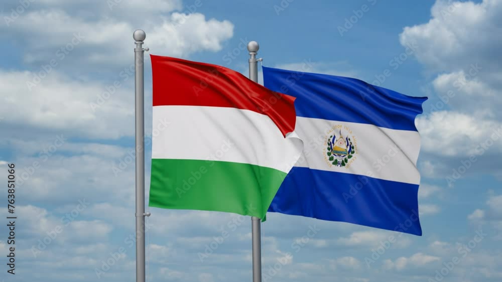 Republic of El Salvador and Hungary two flags waving together, looped video, two country cooperation concept Republic of El Salvador and Hungary two flags waving together, looped video, two country cooperation concept