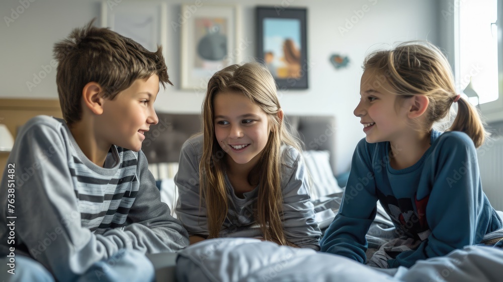 Child talking to friend while sitting in bedroom. Child talking to friend while sitting in bedroom.