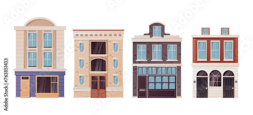 Set of Multi-storey buildings in a classic style. Cartoon house, modern architecture and city exterior. Vector isolated on white illustration.