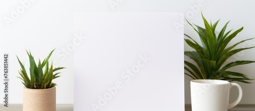 A blank sheet of white paper is placed on a wooden table next to a lush potted green plant