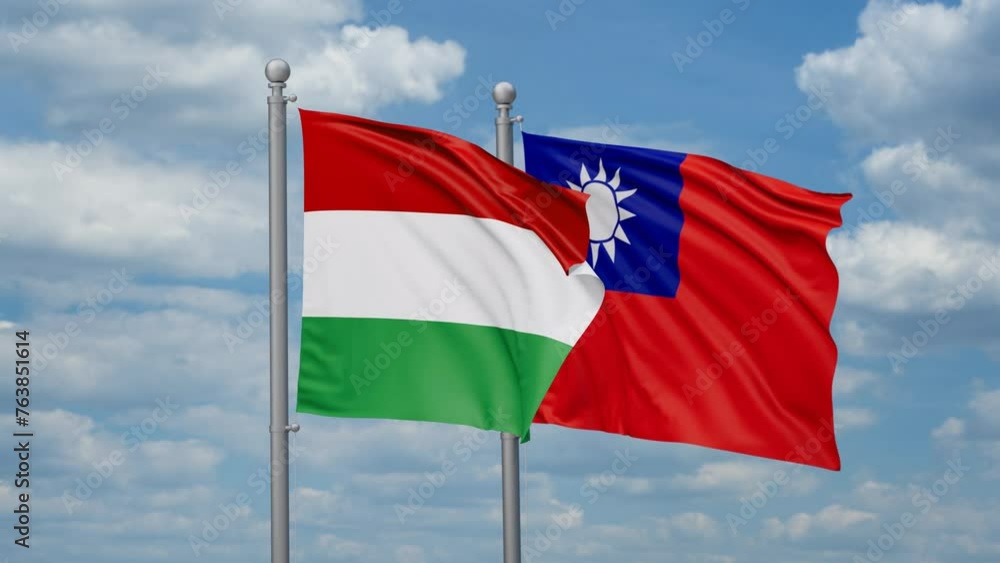 Taiwan and Hungary two flags waving together, looped video, two country cooperation concept Taiwan and Hungary two flags waving together, looped video, two country cooperation concept