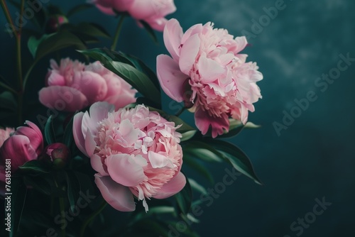Delicate lush flowers pink peonies on dark background
