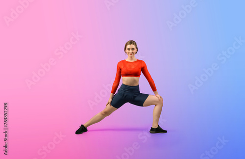 Full body length gaiety shot athletic and sporty woman doing healthy and meditative yoga exercise workout posture on isolated background. Healthy active and body care lifestyle