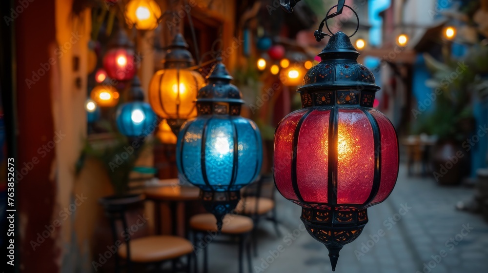 Colorful glass lanterns create a magical ambiance in a cozy alleyway. The soft glow casts a tranquil mood over the quaint outdoor seating area.