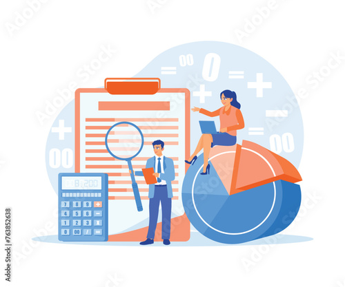 A man examines the bill using a magnifying glass. Women calculate financial reports using laptops and calculators. Accounting concepts. Flat vector illustration.