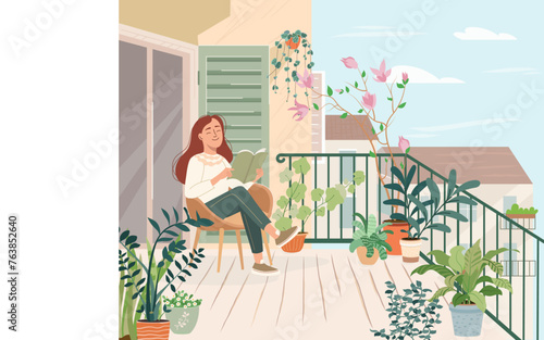 Girl relaxing on cozy balcony, sitting in armchair, reading a book. Happy person resting on green terrace, home garden with house plants. Spring or summer rooftop interior. Flat vector illustration