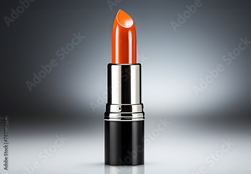 Beautiful color lipsticks. Orange lipstick on dark grey background. Makeup realistic cosmetics for women. Realistic clipart template pattern.