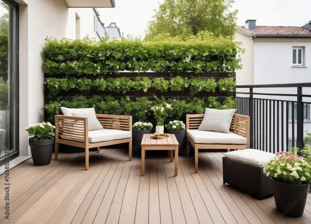 Modern terrace with wood deck flooring and fence, green potted flowers plants and outdoors furniture