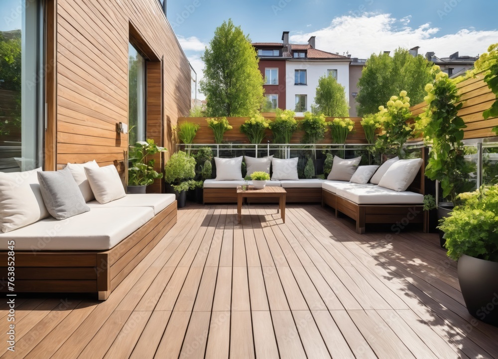 Modern terrace with wood deck flooring and fence, green potted flowers plants and outdoors furniture
