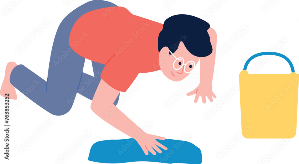 Man cleaning floor with bucket and wet cloth. Housekeeping character Man cleaning floor with bucket and wet cloth. Housekeeping character