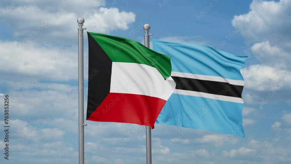 Botswana and Kuwait two flags waving together, looped video, two country relations concept Botswana and Kuwait two flags waving together, looped video, two country relations concept
