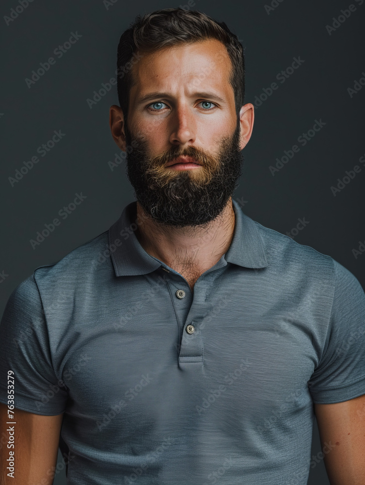 Fototapeta premium Studio portrait of a thoughtful man with beard, wearing a grey shirt and looking away