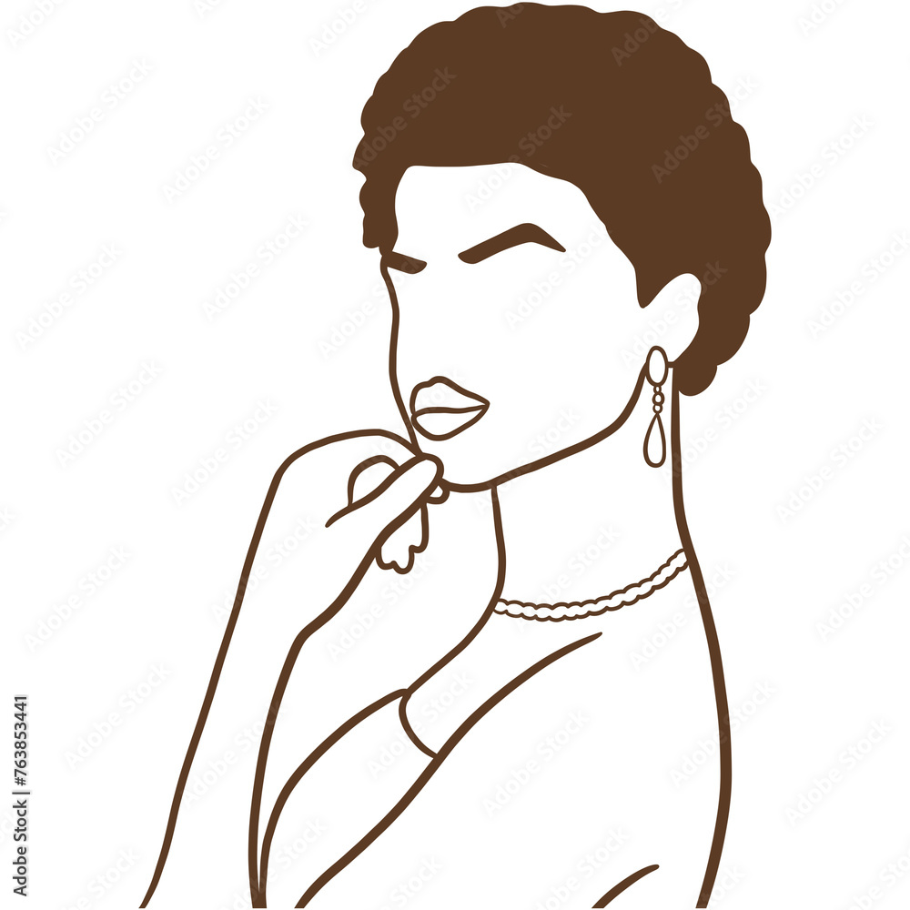 African American woman in a modern abstract minimalist one line style. Continuous black line simple drawing. Shorted hair woman. Isolated on white. African American woman in a modern abstract minimalist one line style. Continuous black line simple drawing. Shorted hair woman. Isolated on white.