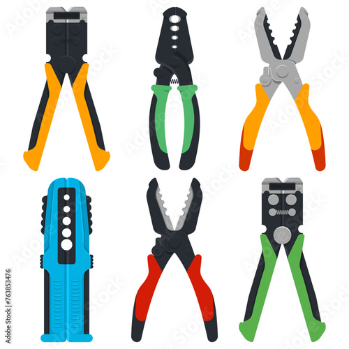 Cable wire stripper tools vector cartoon set isolated on a white background.
