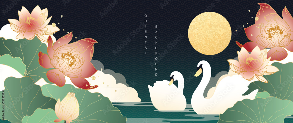 Luxury gold oriental style background vector. Chinese and Japanese wallpaper pattern design of elegant swan bird, lotus flower with gold line texture. Design illustration for decoration, wall decor.