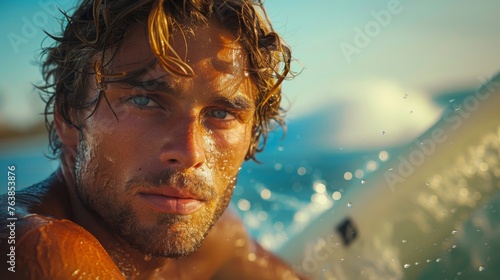an attractive surfer swimming in crystal clear waters, with sunlight accentuating his focused gaze. © victoriazarubina