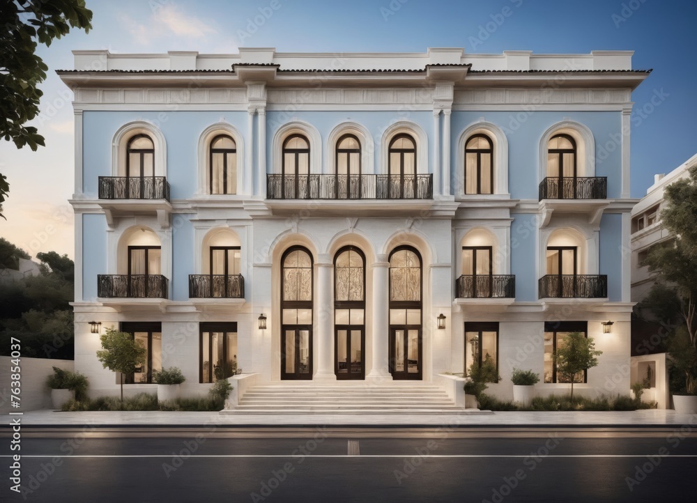 Greek neoclassical style, this three-level floor commercial building showcases a fusion of traditional organic elegance and Mediterranean influence.