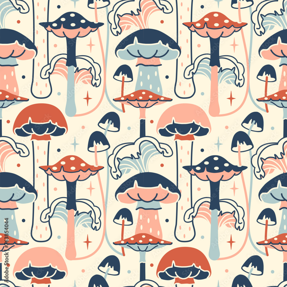 Tricky mystery seamless pattern with mushrooms. Fun playful vision, floral backdrop. Vintage light background with fungi, agaric and toadstools. - obrazy, fototapety, plakaty 