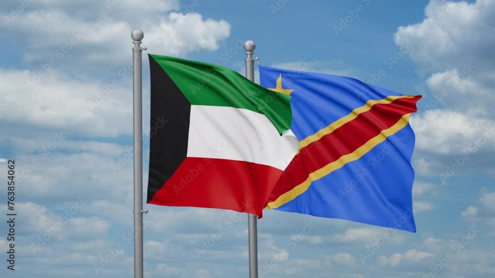 Democratic Republic of the Congo and Kuwait two flags waving together, looped video, two country relations concept Democratic Republic of the Congo and Kuwait two flags waving together, looped video, two country relations concept