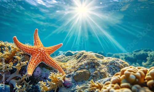 Vibrant Underwater Ecosystem  A Close-Up View of a Starfish Amidst Colorful Coral Reefs Illuminated by Sun Rays